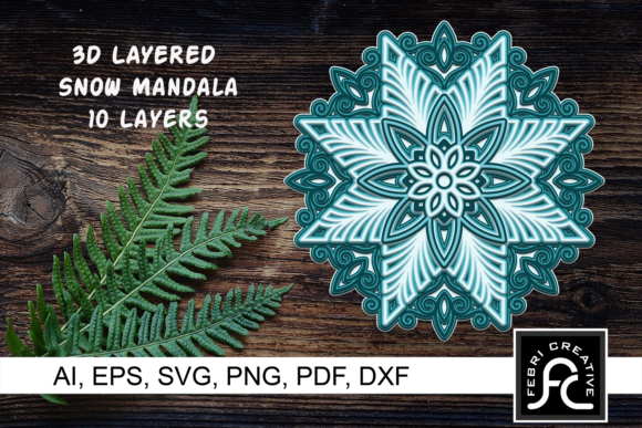 3D layered snow mandala design with intricate patterns shown on a wooden background, suitable for Cricut projects.