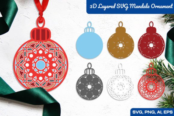 Red 3D layered mandala ornament with intricate cut-out pattern, shown with color variants.