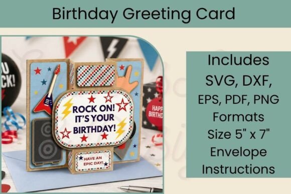 3D rock music birthday card with guitar, speakers, and 'Rock On! It's Your Birthday!' text.