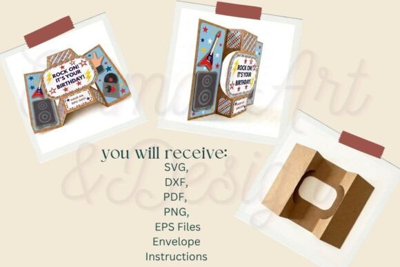 Three views of a 3D rock music birthday card with guitar, speakers, and 'Rock On! It's Your Birthday!' text.
