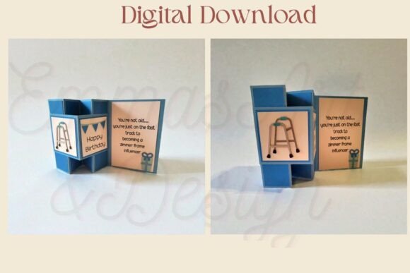 Blue accordion fold card featuring a walker graphic and humorous aging text.
