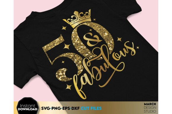 Black shirt with '50 & fabulous' in gold glitter text and a crown design.
