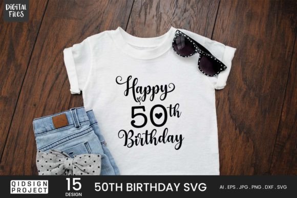 White t-shirt with 'Happy 50th Birthday' text, paired with denim shorts and sunglasses on a wooden surface.