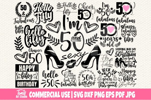 Collage of various 50th birthday-themed SVG designs with phrases and icons like high heels and hearts.