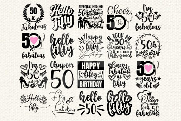 Assorted 50th birthday SVG designs featuring text and decorative elements for Cricut.