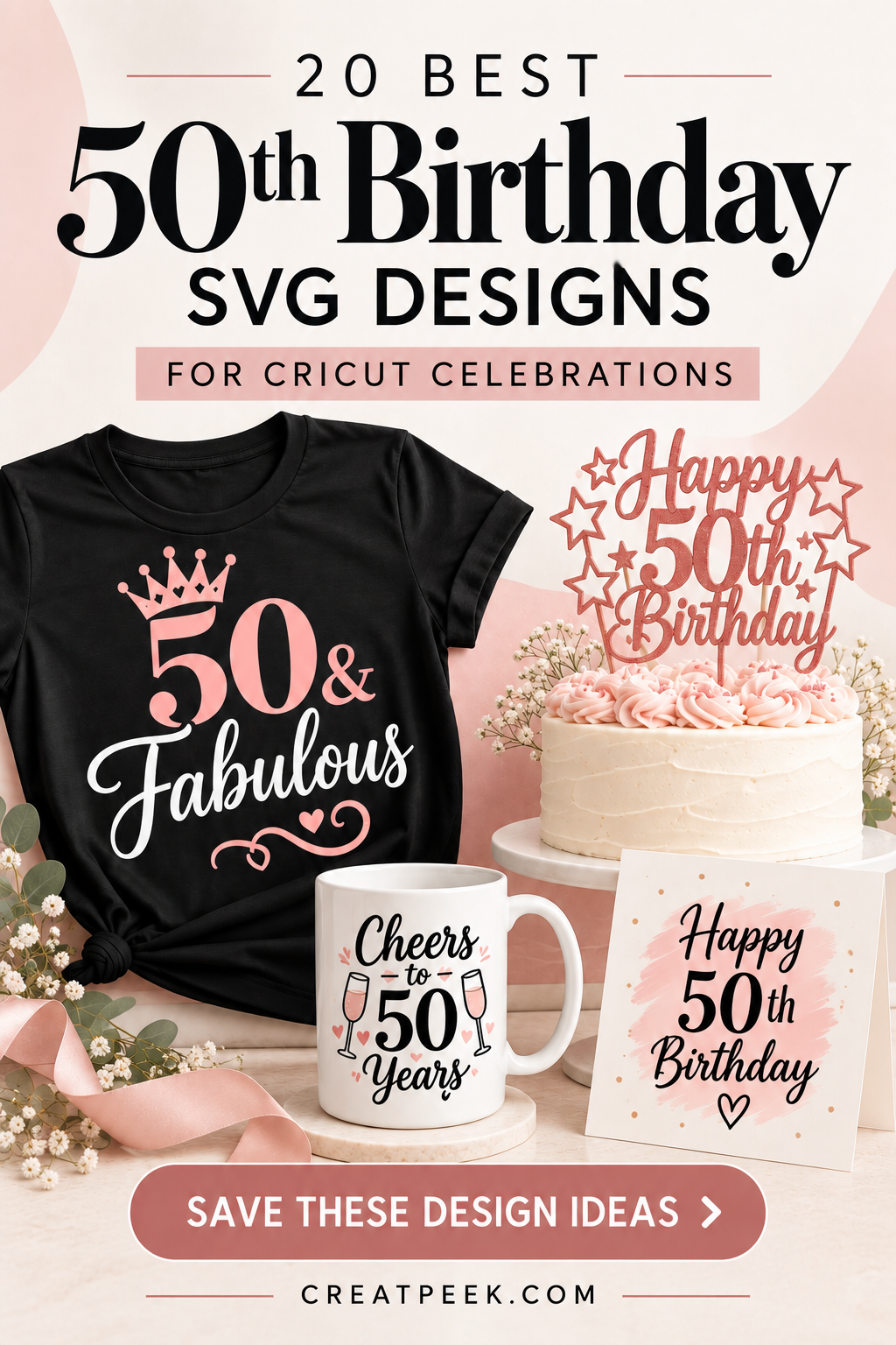 A collage of 50th birthday SVG designs featuring a shirt, cake, and mug with celebratory text.