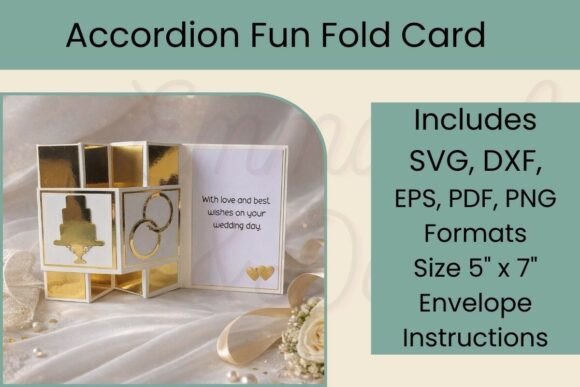 Gold and white accordion card with wedding rings and cake design, open to show 'With love and best wishes' text.