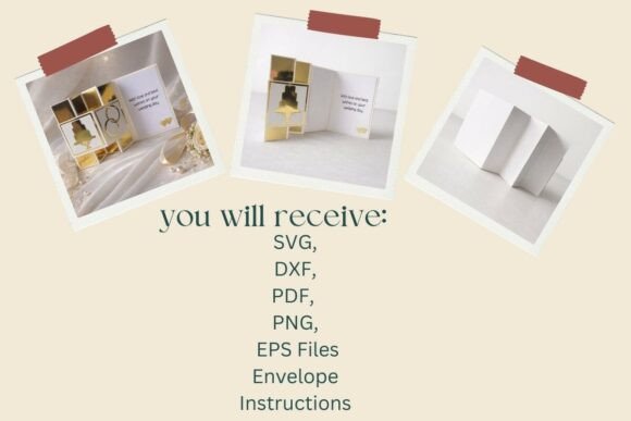Three images of a gold and white accordion wedding card, one open with text, two showing different angles.