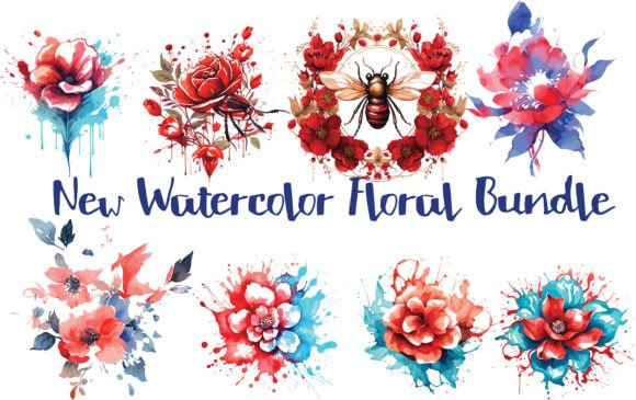 Bright watercolor floral illustrations including roses and a bee suitable for Cricut SVG use.