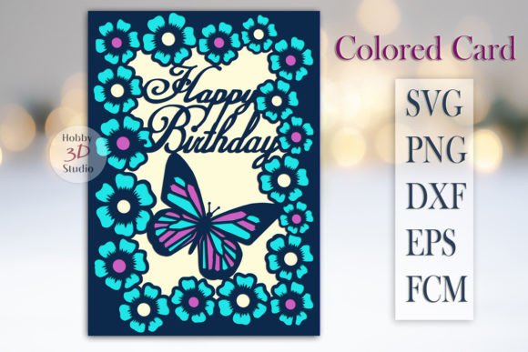 Happy Birthday card SVG with blue floral border and butterfly