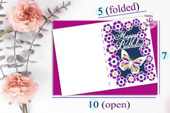 Folded Happy Birthday card SVG with purple flowers and butterfly