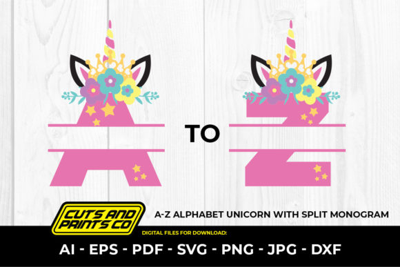 Unicorn-themed A-Z split monogram SVG with floral accents for Cricut projects.