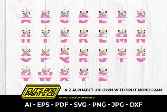Complete A-Z unicorn split monogram SVG set for crafting with floral decorations.