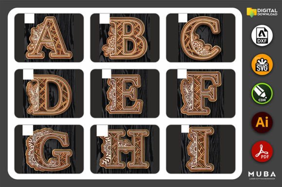 Layered floral alphabet letters A to I with intricate cutout designs on a dark background.