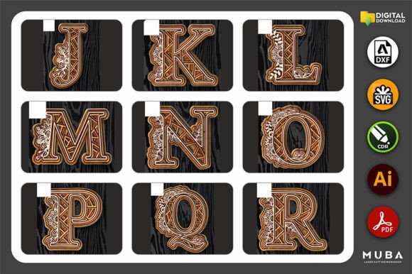 Layered floral alphabet letters J to R featuring detailed cutout patterns on a dark background.