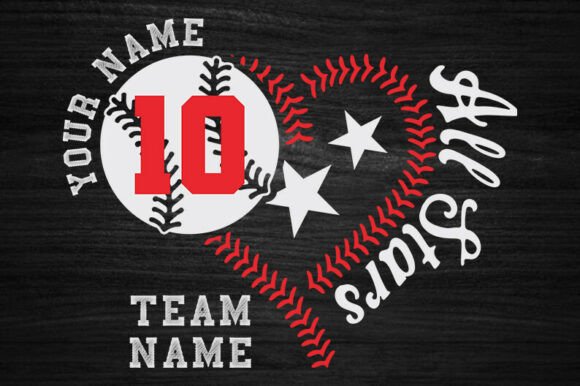 Baseball-themed design with a heart, stars, and the number 10 on a black background.