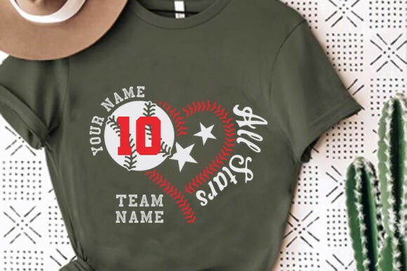 Olive green t-shirt featuring a baseball-themed design with a heart, stars, and the number 10.
