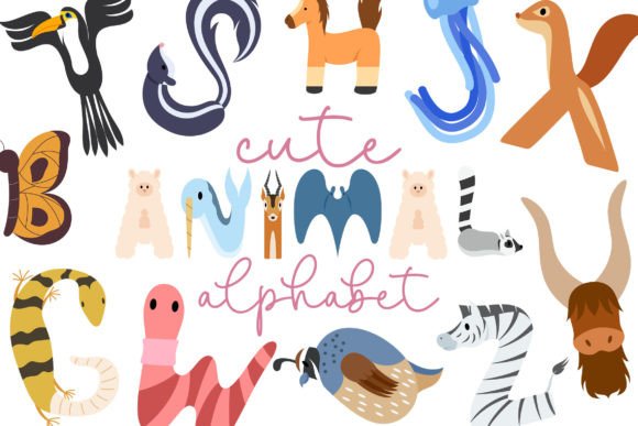 Animal-themed alphabet letters with each letter shaped like a different animal, featuring a playful style.