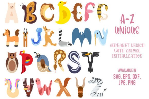 Complete A-Z animal-themed alphabet with each letter creatively designed to resemble an animal, displayed in rows.