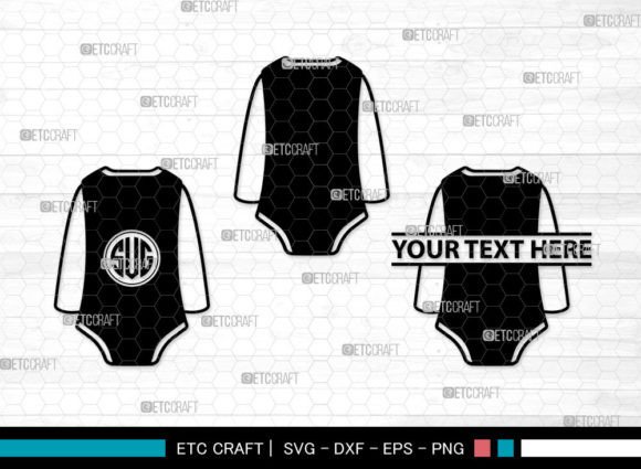 Three black baby bodysuit designs with monogram and placeholder text.