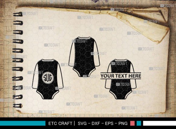 Sketchbook page showing three black baby bodysuit designs with monogram and placeholder text.