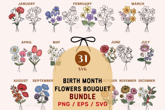 Floral bundle SVG featuring 12 monthly bouquets for Cricut projects