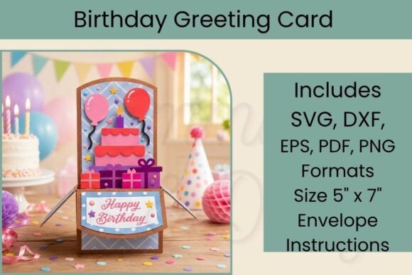 Pop-up birthday card with balloons, cake, and 'Happy Birthday' text.