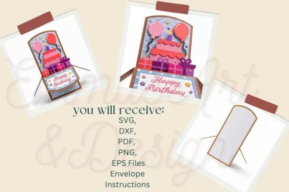 Three views of a pop-up birthday card with balloons and gifts.