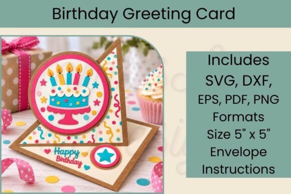 Colorful birthday cake SVG card design for Cricut with candles, stars, and 'Happy Birthday' text.