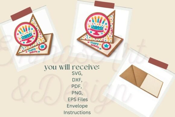 Set of birthday cake SVG card designs showing different angles, featuring candles and decorative elements.