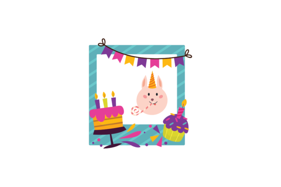 Cute bunny with unicorn horn in a frame, surrounded by birthday cakes and festive bunting.