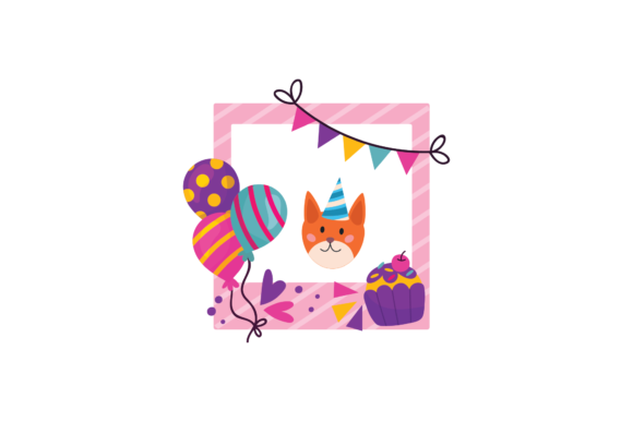 Cat with party hat in pink frame, balloons, bunting, and cupcake.