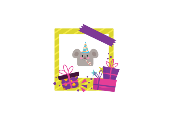 Koala with party hat in a yellow frame, surrounded by colorful gifts and confetti.