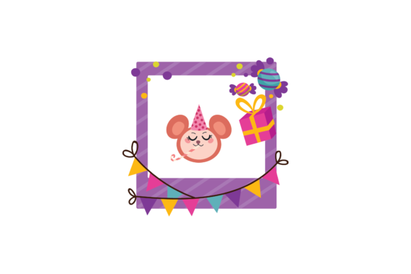 Illustration of a monkey face with party hat in a purple frame, surrounded by candy and a gift.