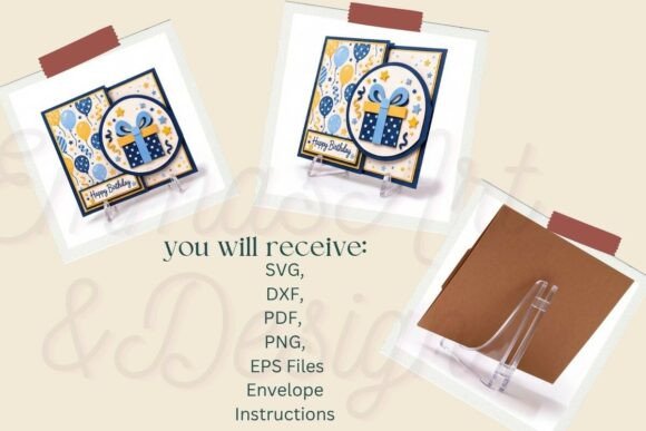 Birthday card SVG showing gate fold design with balloons and gift