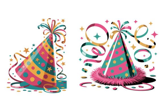 Colorful birthday party hats with ribbons and stars, ideal for Cricut SVG projects.