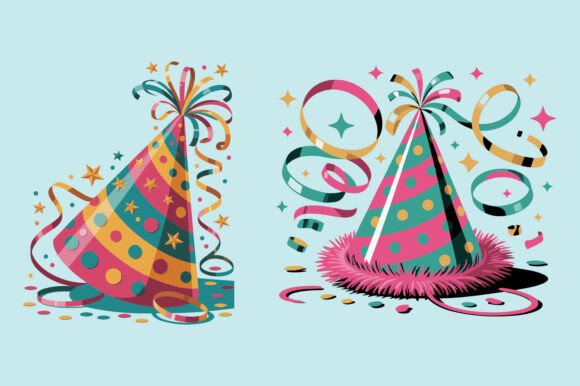 Bright party hats with ribbons and stars on a blue background, perfect for SVG crafts.