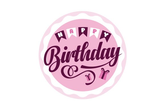Pink circular sticker with 'Happy Birthday' text and two gift icons.