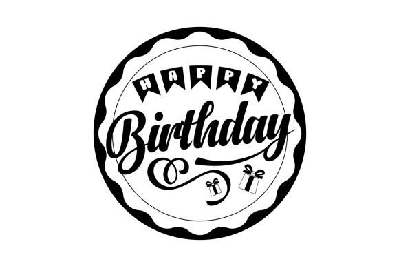 Black and white circular sticker with 'Happy Birthday' text and two gift icons.