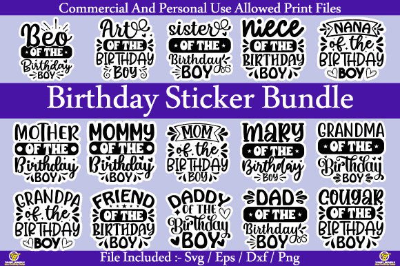 Collection of birthday-themed stickers with various titles like 'Beo of the Birthday Boy' and 'Niece of the Birthday Boy'.
