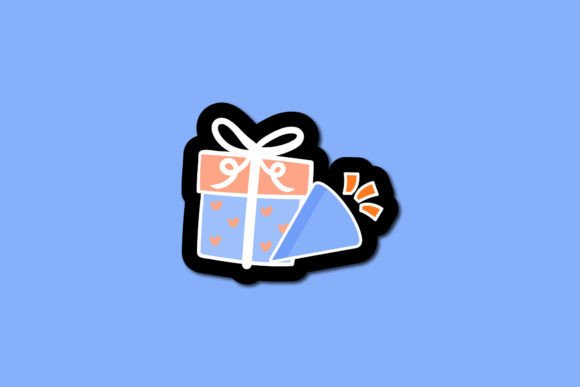 Illustration of a gift box with a bow and hearts, next to a party hat on a blue background.
