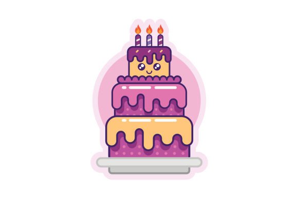 Colorful kawaii birthday cake with three layers, smiling face, and three lit candles.