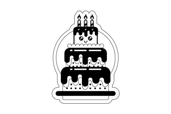 Black and white kawaii birthday cake with three layers, smiling face, and three lit candles.