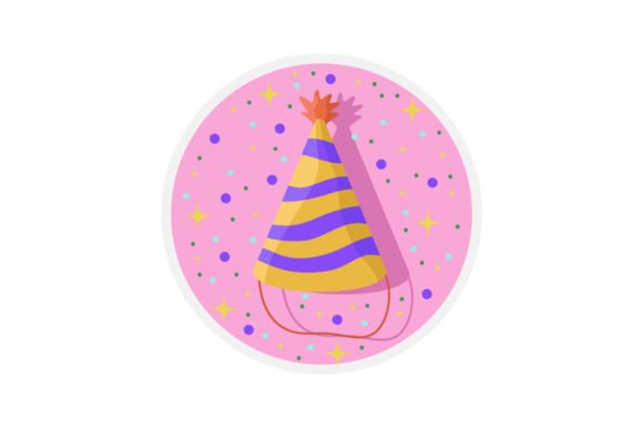 Colorful party hat with purple and yellow stripes on a pink circle with confetti.