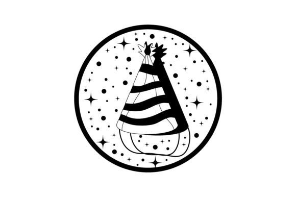 Black and white party hat with stripes on a circle background with stars and dots.
