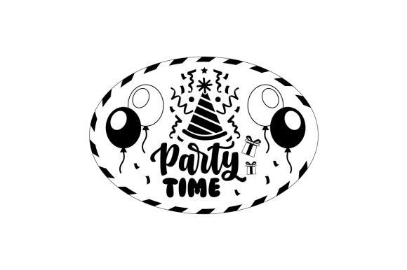 Black and white party hat with balloons and confetti, ideal for Cricut birthday designs.