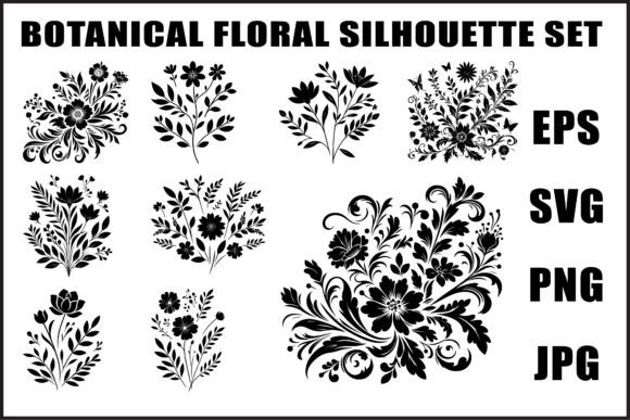 Nine black floral silhouette designs on a white background.