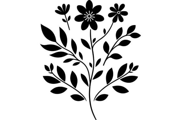 Single black floral silhouette with three flowers and leaves.