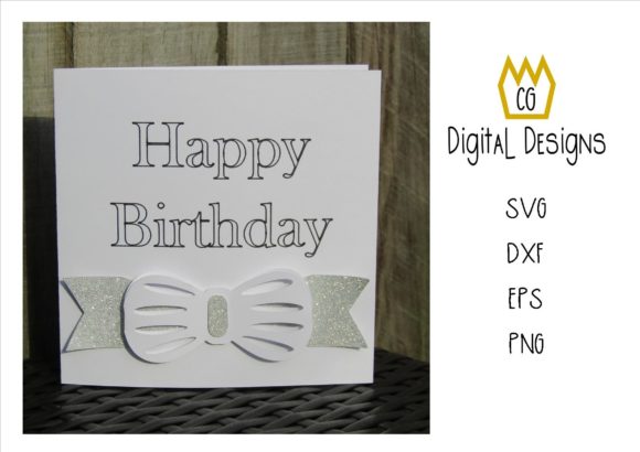 White birthday card with bow design and 'Happy Birthday' text.