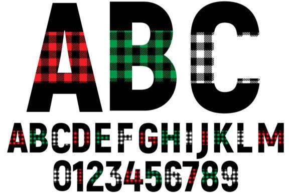 Alphabet and numbers with buffalo plaid pattern in red, green, and black.